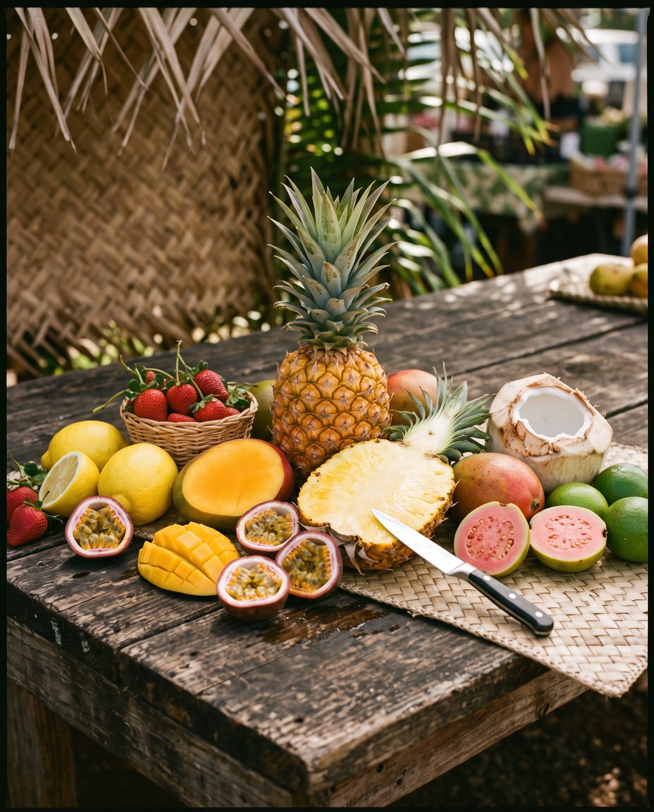 Kauai farmers market spread of pineapple, mango, lilikoi, guava, coconut and lime
