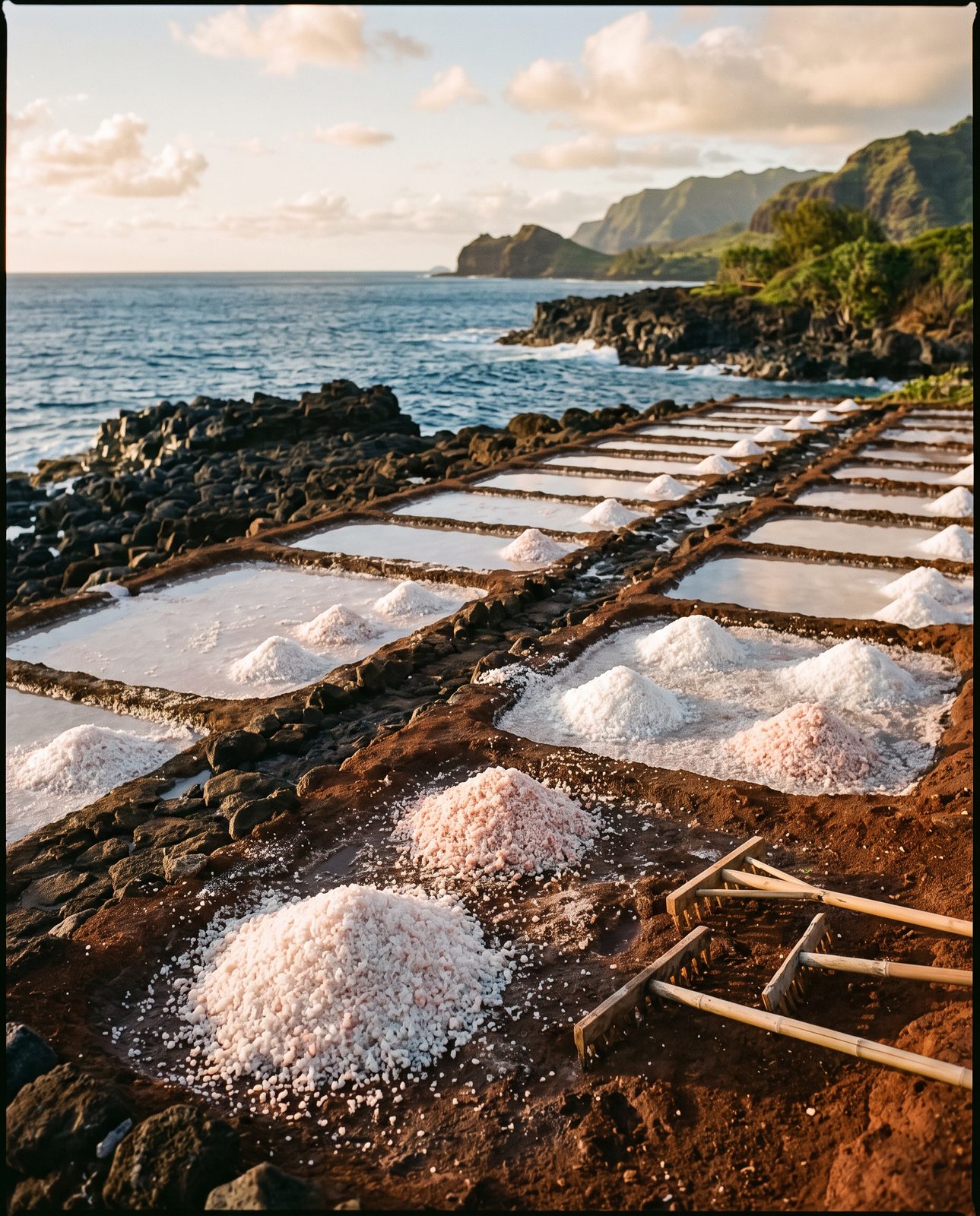 Traditional Hawaiian dry-harvest sea salt beds on the coast