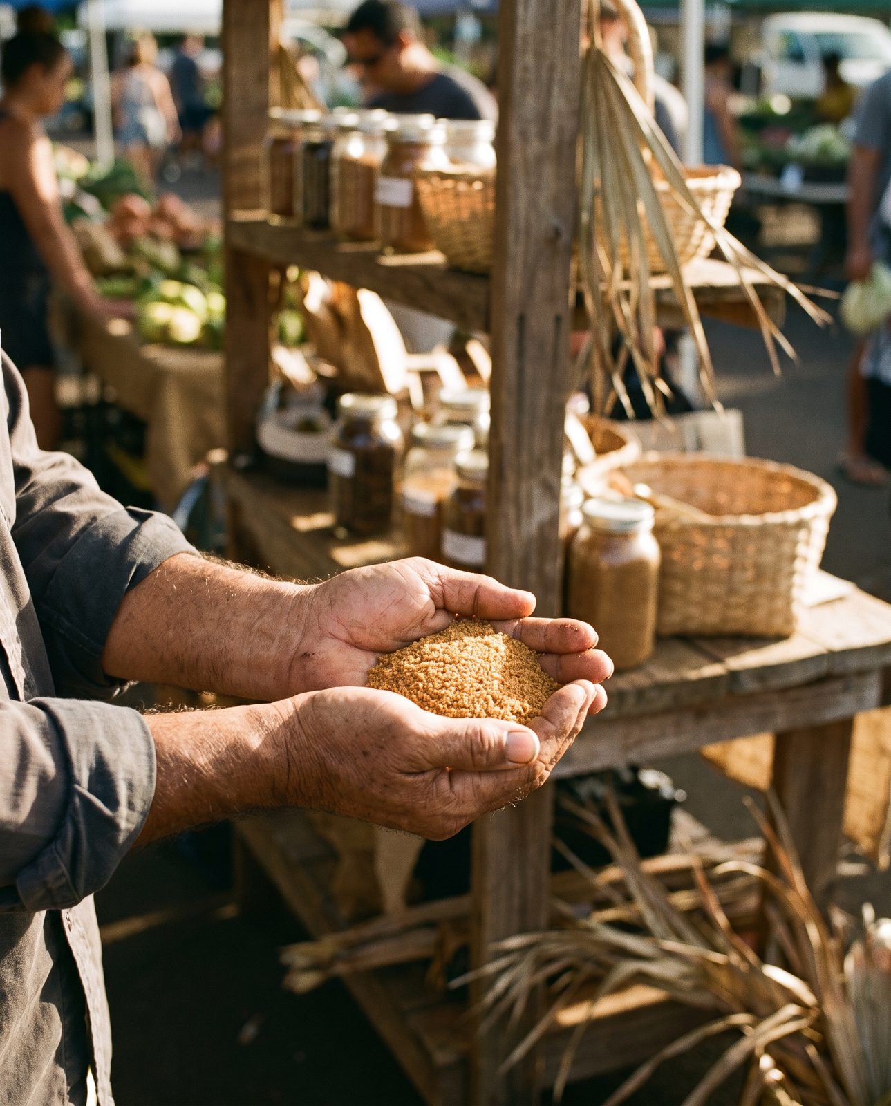 Hands holding freshly made coconut palm sugar at a Kauai farmers market