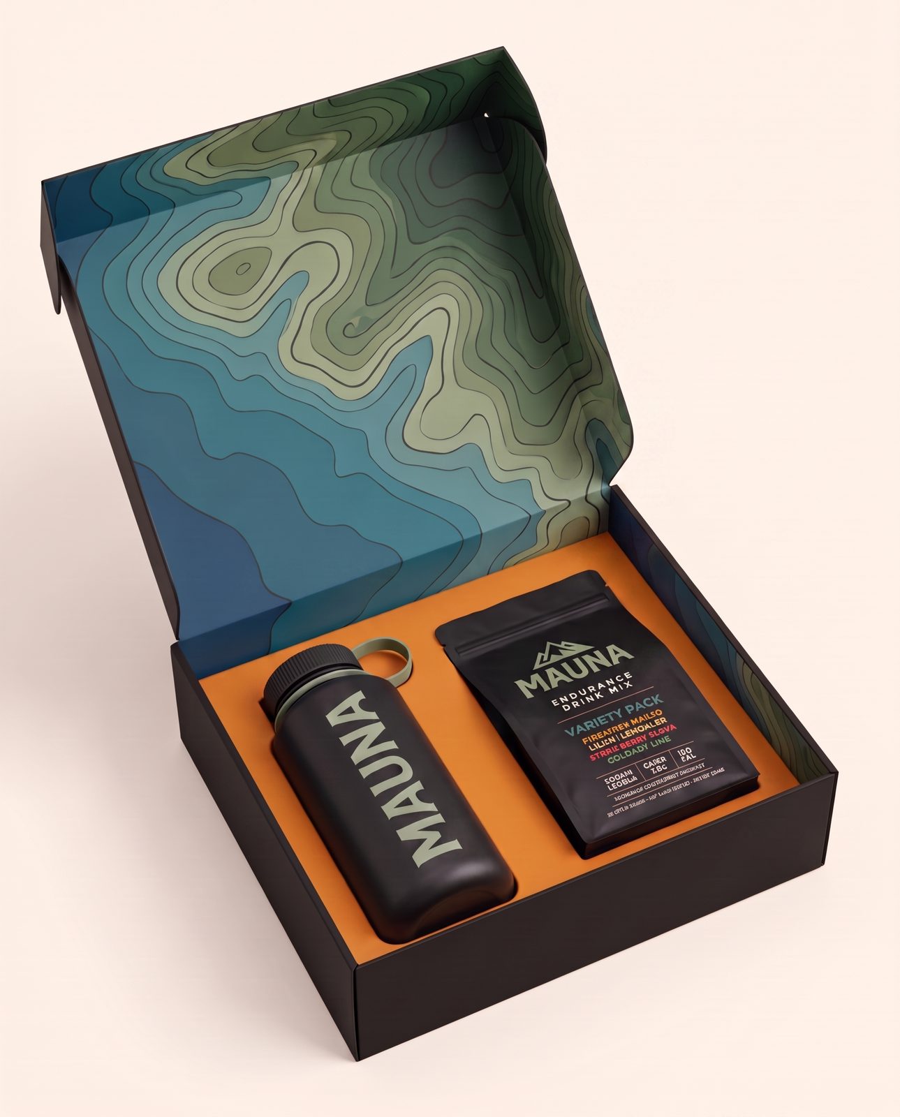 The Mauka Kit — open box with Nā Pali topographic interior, 32oz bottle and variety pack