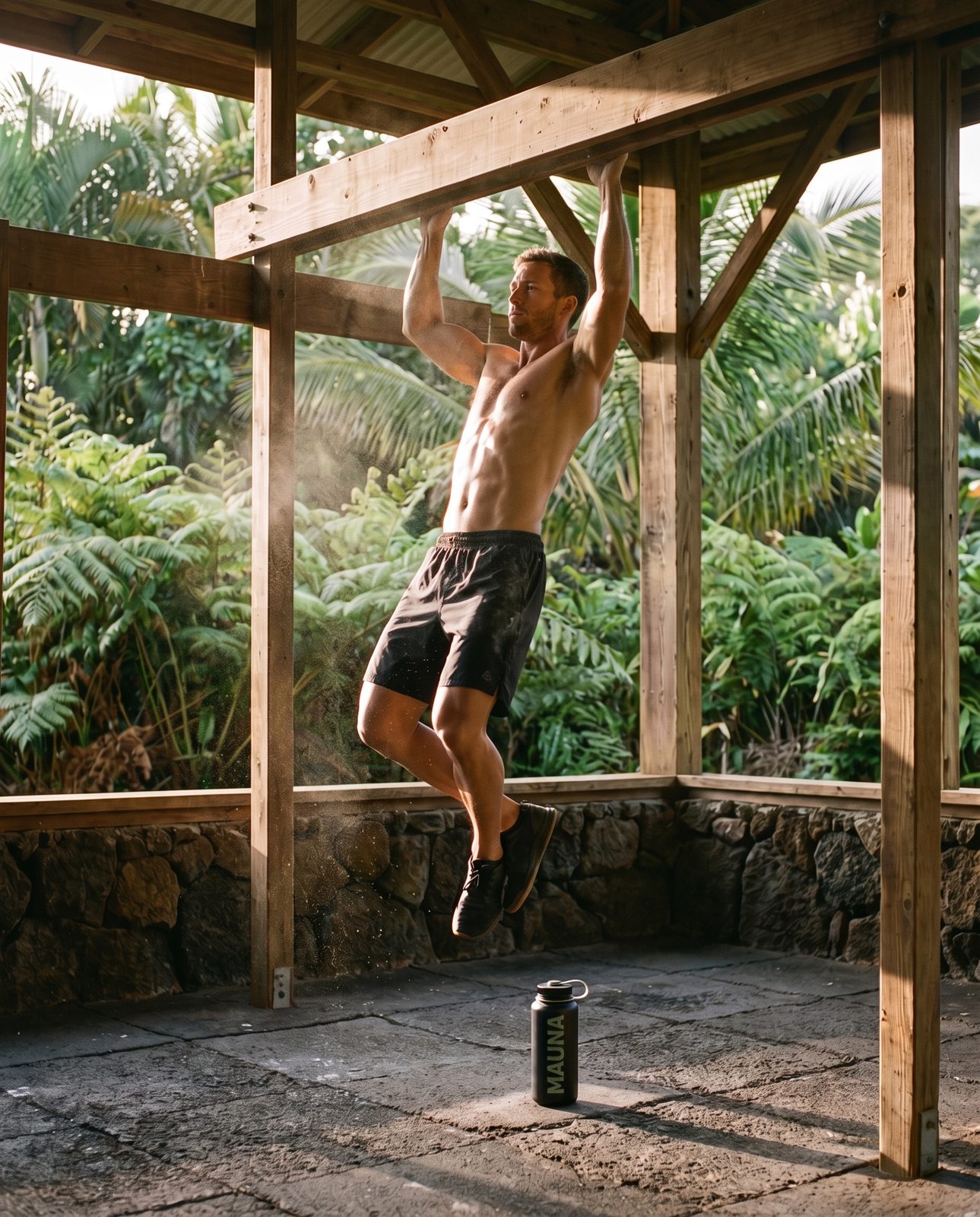 Pull-ups on a wooden rig in the jungle