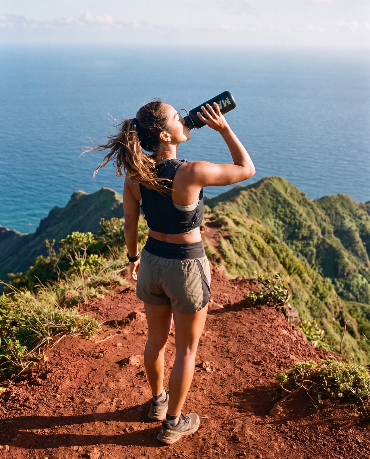 Trail runner drinking on a ridgeline