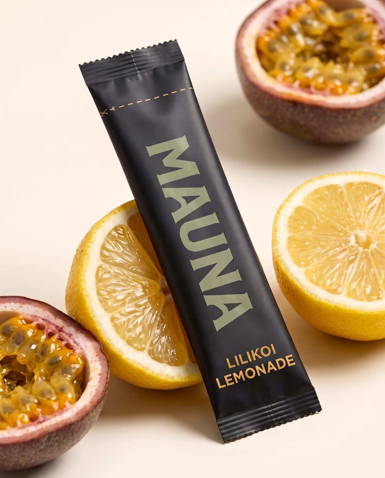 Lilikoi Lemonade stick with halved passion fruit and lemon