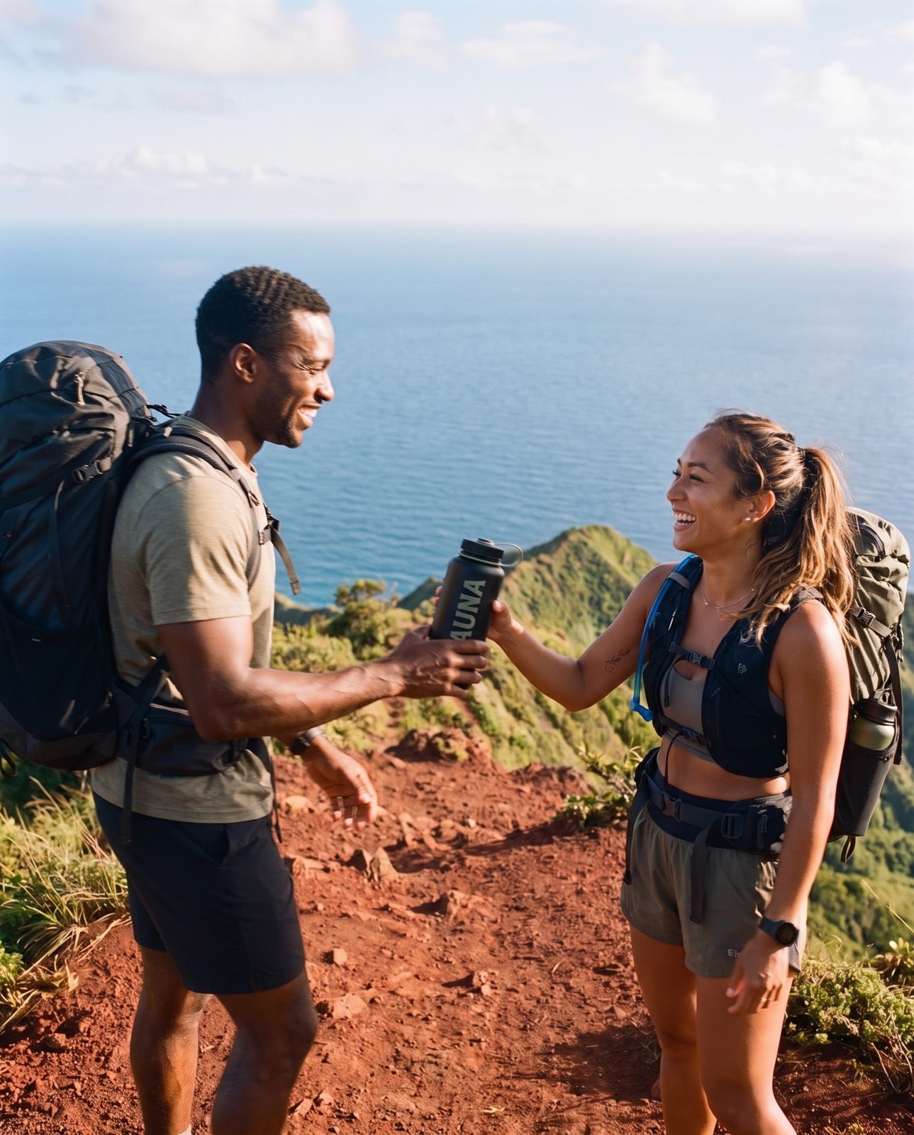 Two hikers passing a MAUNA bottle