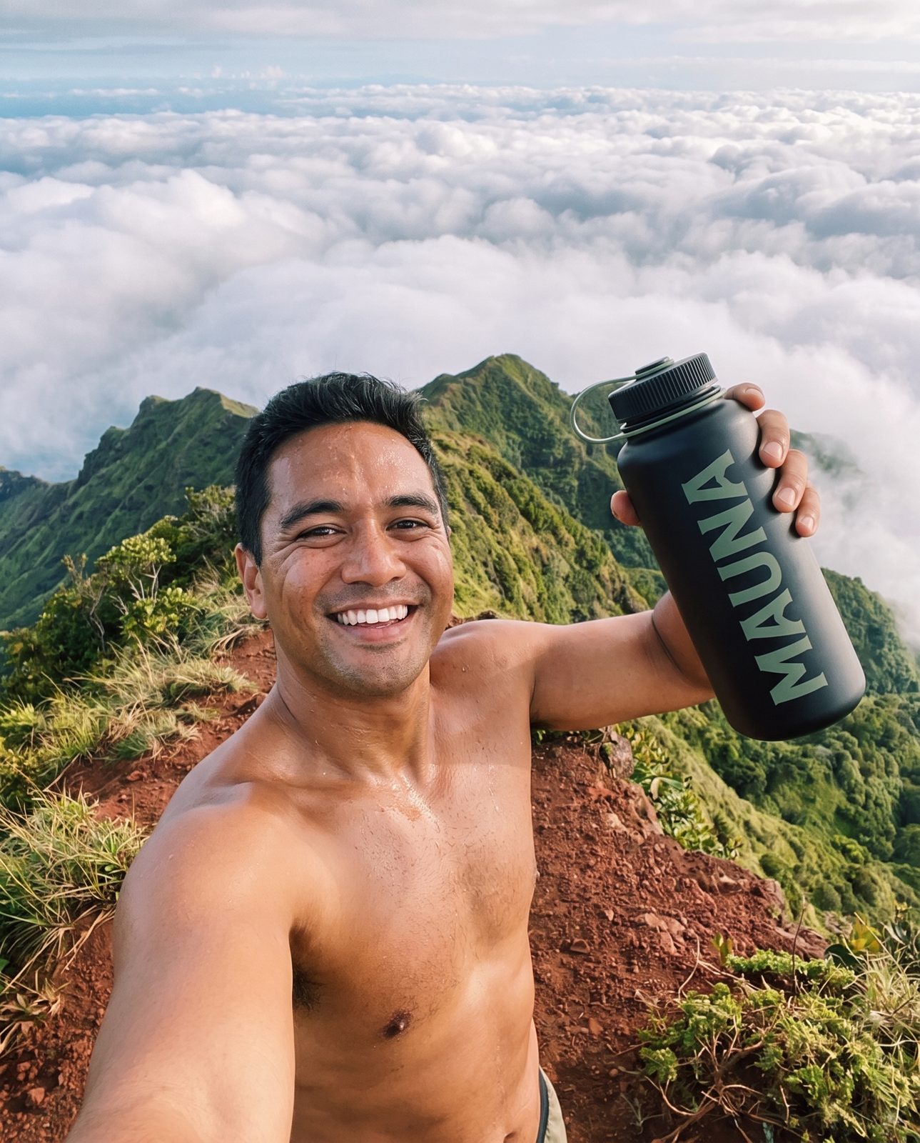 Summit selfie with MAUNA bottle