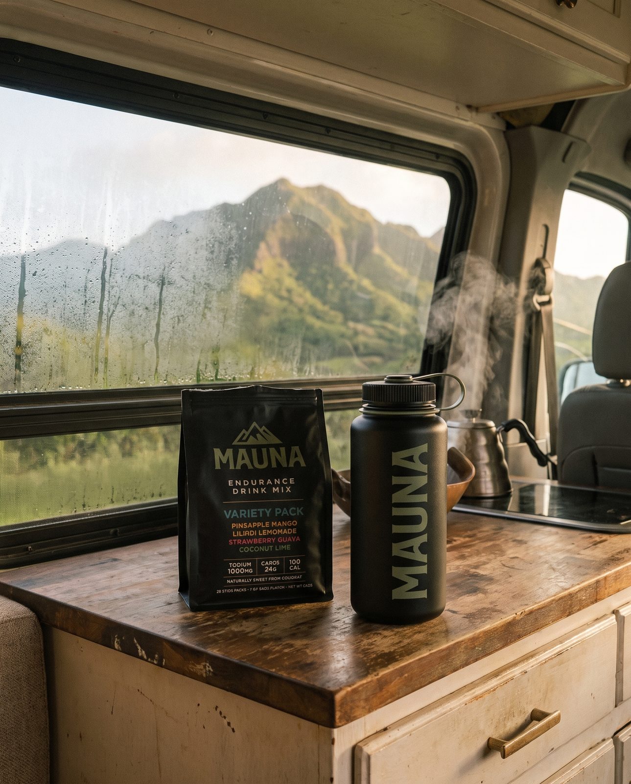 MAUNA on a camper van counter at dawn